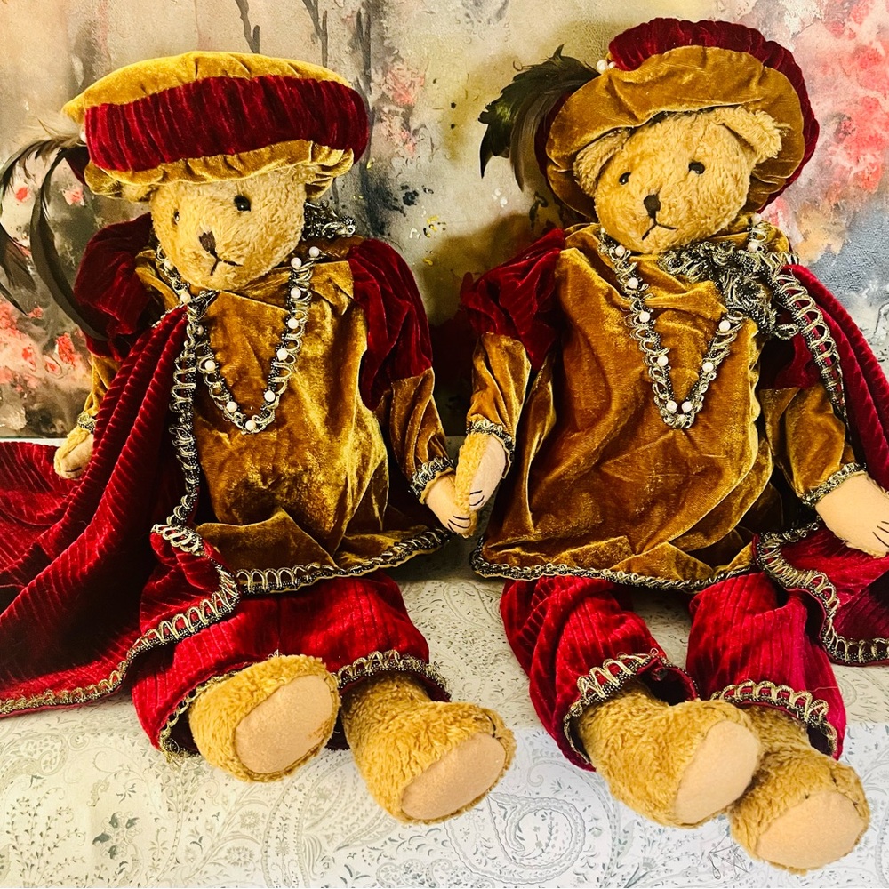 Gorgeous Pair Christmas/Holiday Velvet Venetian Collector Teddy Bears
